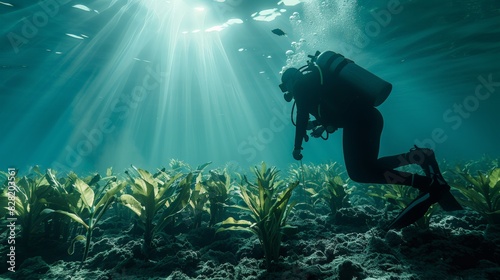 Diver exploring underwater world with sunlight rays beaming through, surrounded by aquatic plants. Perfect for adventure and marine life themes.