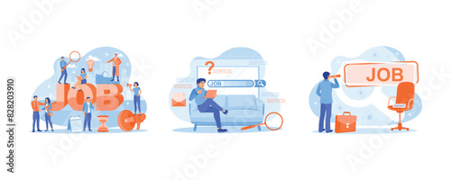 People looking for work. Looking for job vacancies on a laptop from home. occupy a vacant position. Job Search concept. Set flat vector illustration.