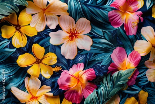 Collection of bright, patterned Hawaiian button-down shirts. Summer fashion concept