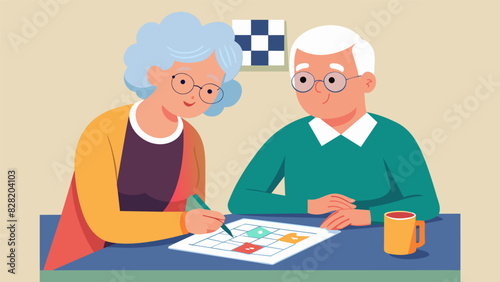 A senior couple sitting at a table completing a crossword puzzle together to exercise their brains.. Vector illustration