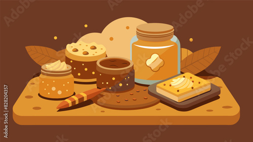 A tantalizing display of nutty goodness with an assortment of homemade nut butters and crispy crackers on a rustic board.. Vector illustration
