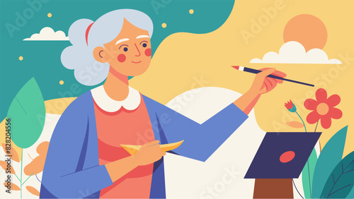 A photograph of a senior woman holding a paintbrush and creating a beautiful piece of art. The image is used to promote the creativity and selfexpression aspect of the Aging. Vector illustration