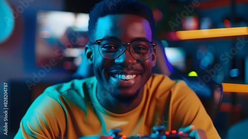 Cheerful Young Man Enjoying Video Game Controller in Colorful Lighting