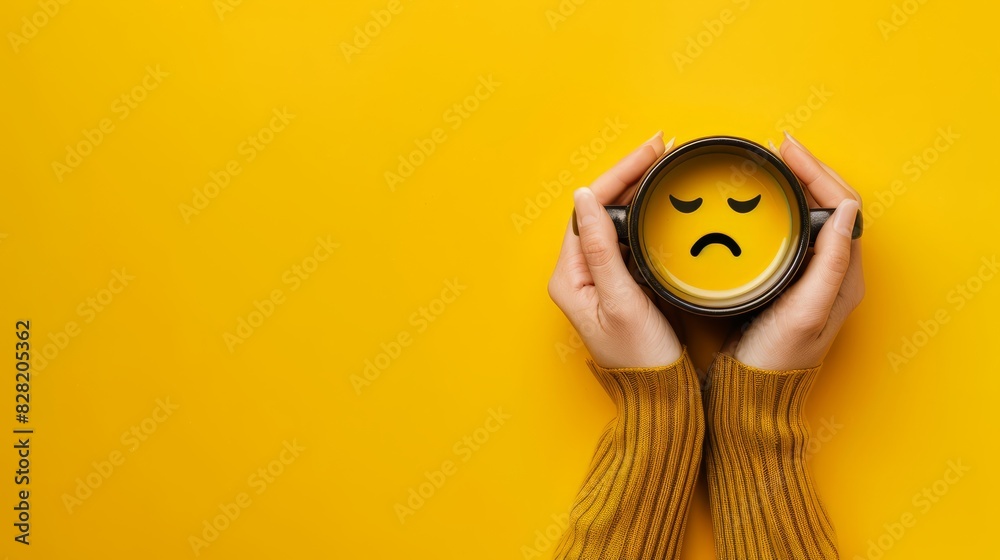 Holding a cup of coffee in one hand, the emotional expression of coffee, with a yellow background, this concept describes feelings of sadness and depression in the morning or at the end of the workday Holding a cup of coffee in one hand, the emotional expression of coffee, with a yellow background, this concept describes feelings of sadness and depression in the morning or at the end of the workday