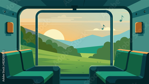 A quiet train compartment the rhythmic sounds of the train and the rolling countryside outside the window creating a serene reading atmosphere.. Vector illustration