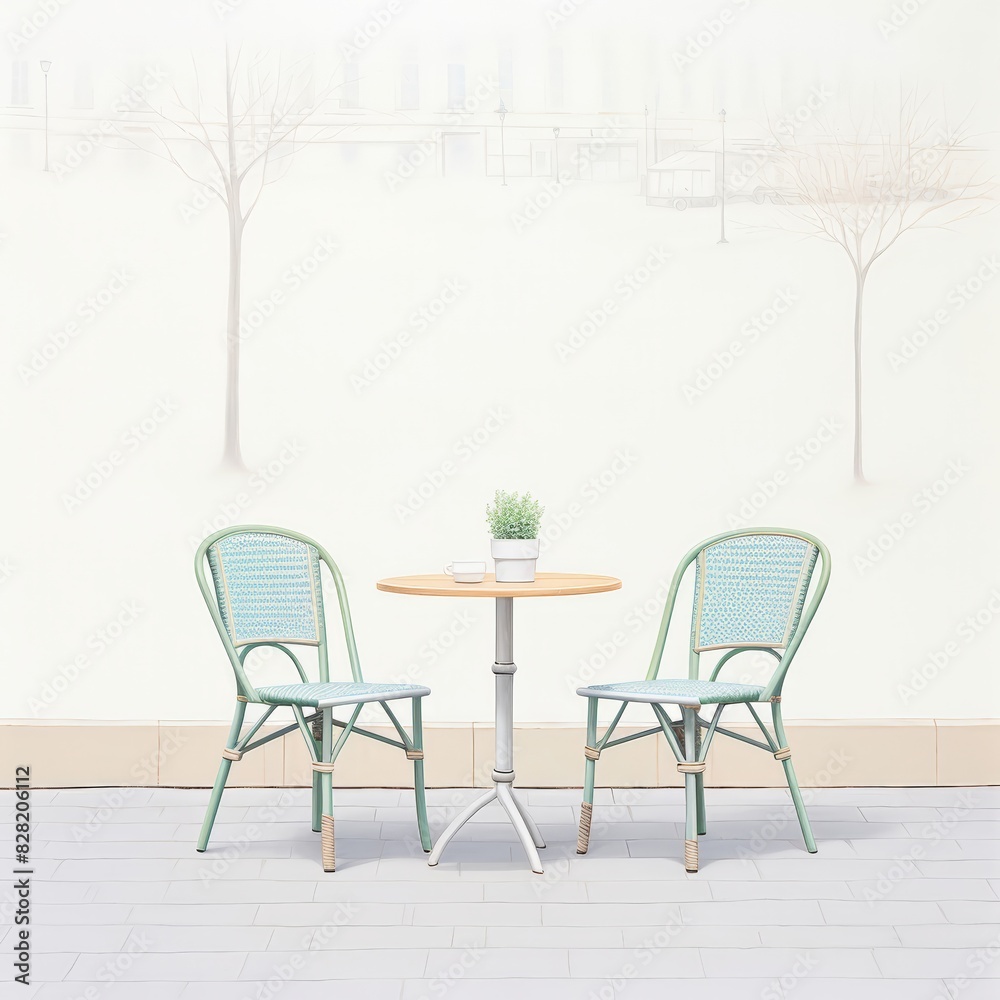 Fototapeta premium Minimalist outdoor cafe setting with two green chairs and a small round table against a white wall with tree silhouettes.