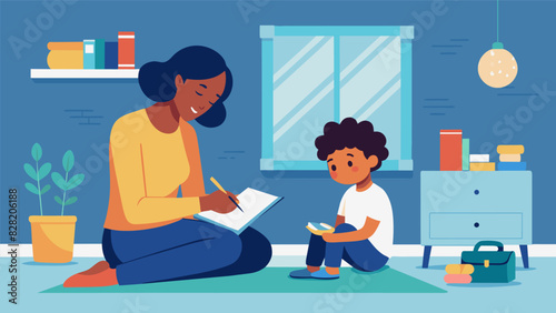 A parent sitting in their childs room writing in their gratitude journal and reflecting on the moments of joy their child has brought into their life.. Vector illustration