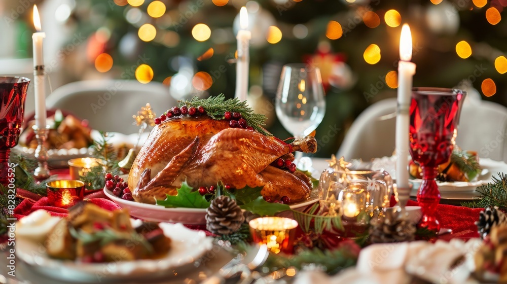 A festive holiday dinner table set with a turkey and all the trimmings A festive holiday dinner table set with a turkey and all the trimmings