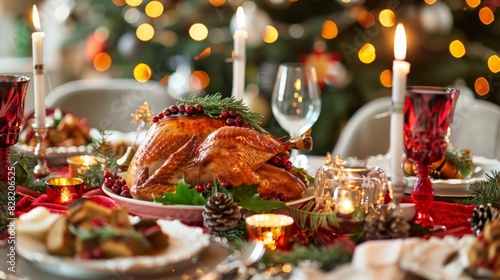 A festive holiday dinner table set with a turkey and all the trimmings