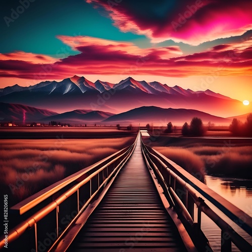 Wooden Bridge Over The Lake At Village Area Under The Mountain With Sunset View