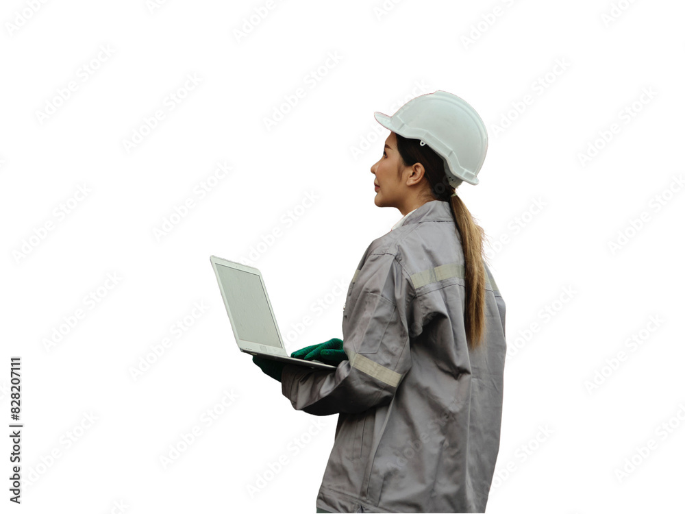 Female worker wearing safety helmet and working with container