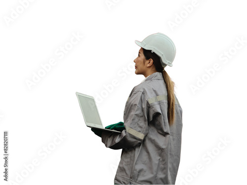 Female worker wearing safety helmet and working with container © HEPJAM PNG