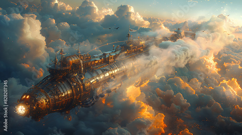 illustration of a steampunk airship soaring through the clouds with brass gears billowing smokestacks and adventurers embarking on a journey to uncharted lands photo