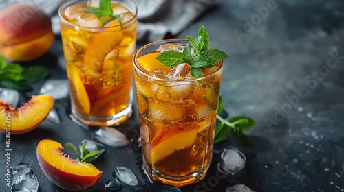 Healthy drinks, Refreshing peach iced tea with mint leaves and ice.