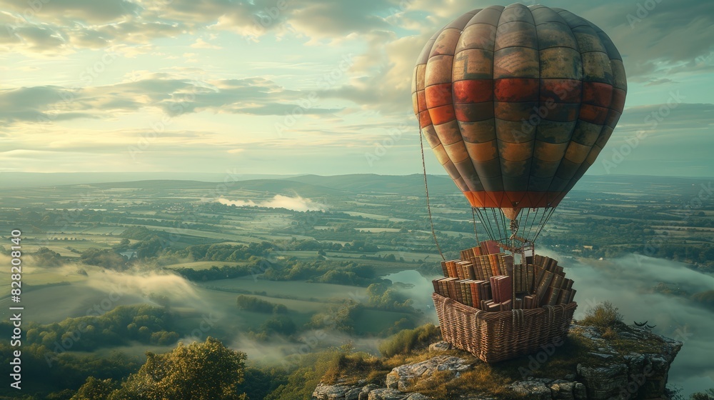 Scenic view of a colorful hot air balloon on a hilltop during sunrise with misty landscape in the background.