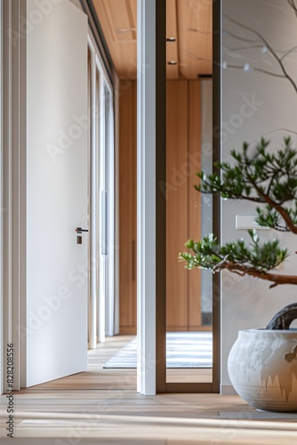 Close up of white double doors leading to an interior hallway with a light wood floor and wall
