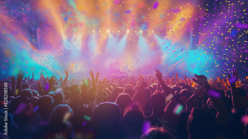 The concert crowd erupted with excitement as colorful stage lights and confetti filled the air.