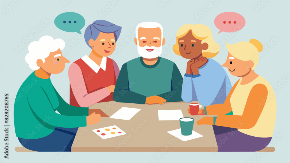 A group of seniors gathered around a table playing a memory game where they take turns saying a word and the next person has to say a word starting with the last letter of the. Vector illustration A group of seniors gathered around a table playing a memory game where they take turns saying a word and the next person has to say a word starting with the last letter of the. Vector illustration
