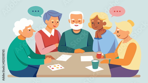 A group of seniors gathered around a table playing a memory game where they take turns saying a word and the next person has to say a word starting with the last letter of the. Vector illustration