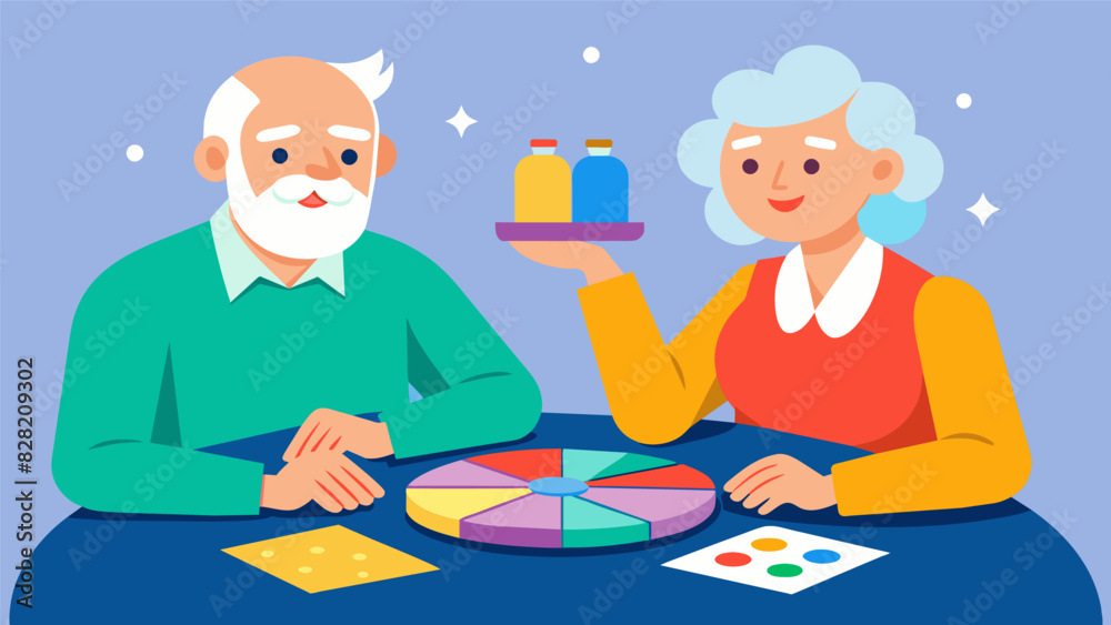 A senior couple playing a game of Trivial Pursuit testing their knowledge on various categories and reminiscing about past experiences.. Vector illustration A senior couple playing a game of Trivial Pursuit testing their knowledge on various categories and reminiscing about past experiences.. Vector illustration