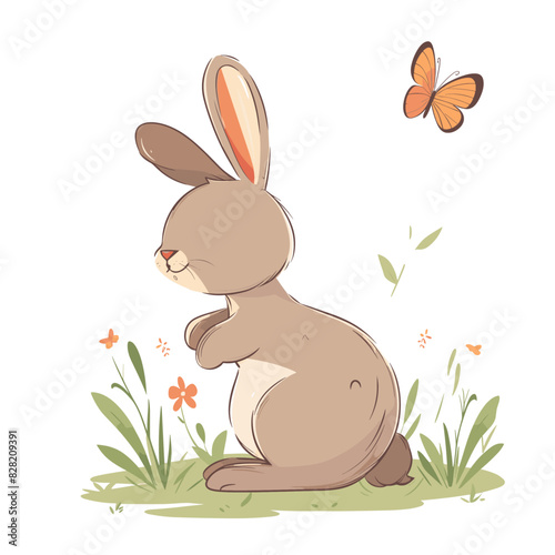 fluffy white rabbit surrounded by colorful butterflies in a field