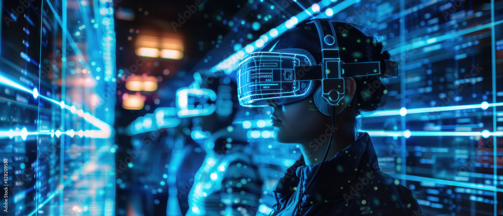 virtual reality vr headset technology digital world data future concept illustration with communication connections blue dot lines around woman face virtual reality vr headset technology digital world data future concept illustration with communication connections blue dot lines around woman face