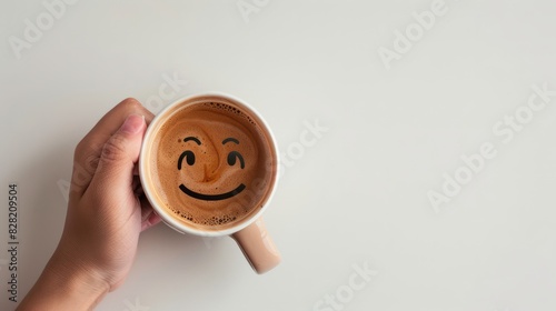 Holding a cup of coffee in one hand, the emotional expression of coffee, with a smiling face on a white background, the concept describes feelings of sadness and depression in the morning or at the en