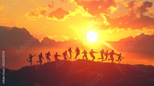 silhouette of people on top of the mountain at the sunset