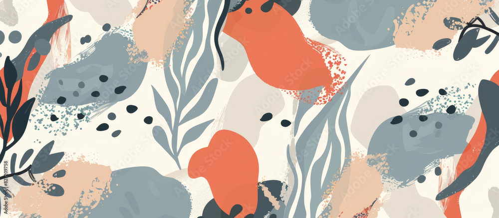 Abstract seamless pattern with hand drawn shapes and foliage in soft pastel colors, organic shapes and nature elements Abstract seamless pattern with hand drawn shapes and foliage in soft pastel colors, organic shapes and nature elements