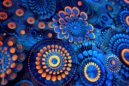 Modern art showcase backdrop in azure with vibrant neon orange circles.