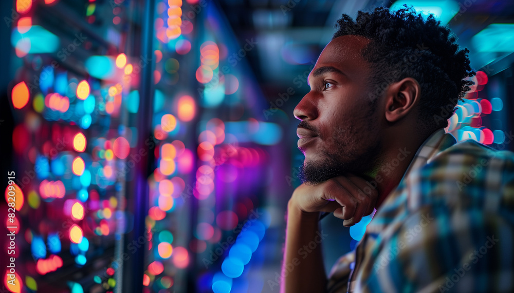 Pensive it technician stands in a vibrant server room, reflecting on national it professionals day, with colorful server lights illuminating his focused expression Pensive it technician stands in a vibrant server room, reflecting on national it professionals day, with colorful server lights illuminating his focused expression