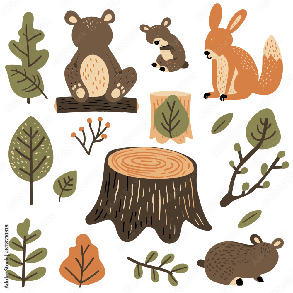 Obraz premium bear, fox, and squirrel in a natural habitat with leaves and a tree stump