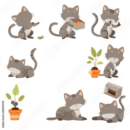 A group of playful cats batting at a potted plant with dirt scattered around