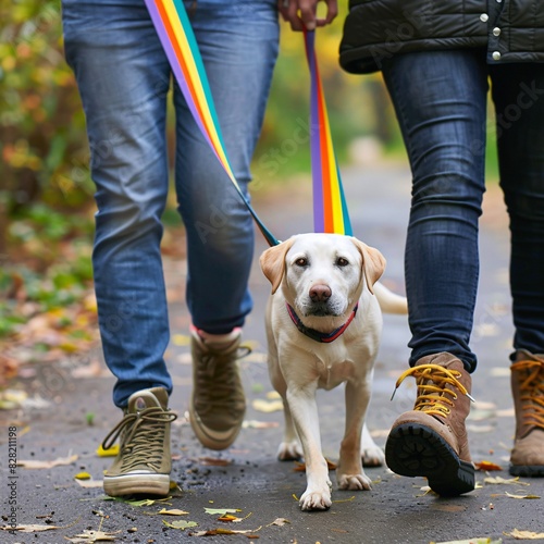 21. Couple walking their dog with a rainbow leash, casual and loving, community pride