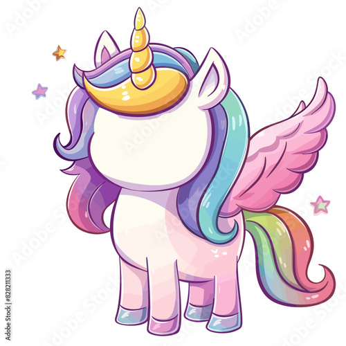 colorful cartoon unicorn with a flowing rainbow mane and wings