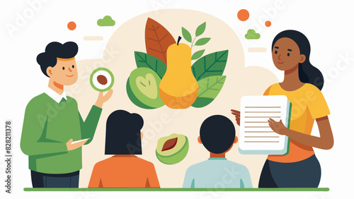 Participants eagerly taking notes as the instructor discusses the importance of incorporating healthy fats like avocado and nuts into snacks.. Vector illustration