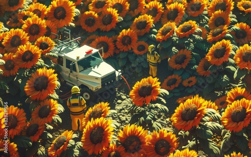 Workers in bright yellow suits inspect a truck in a vibrant sunflower field under a sunny sky, showcasing agriculture and nature.