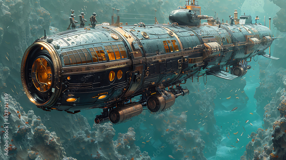 illustration of a steampunk submarine exploring the depths of the ocean ...