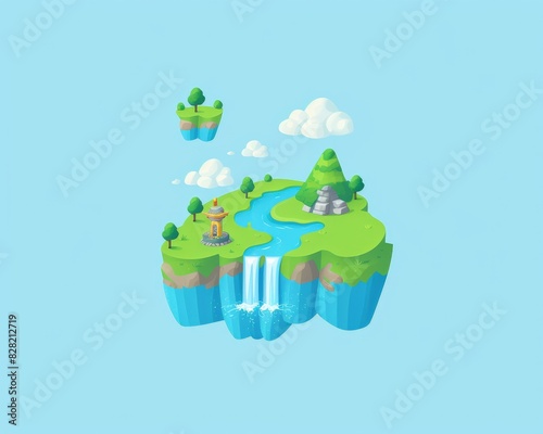 3D isometric floating island with waterfall, mountains, trees, and clouds against a blue sky background, creating a whimsical, serene scene.