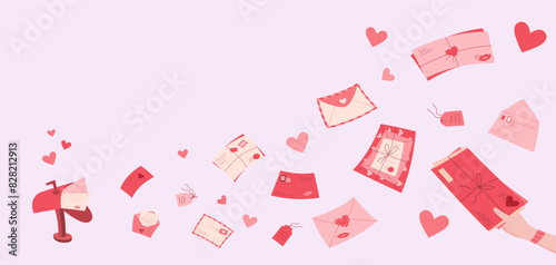Creative handmade love letter background, trendy cute mail design with heart and kiss, flat hand hold love message poster, modern romantic envelope flying from mailbox postcard concept.