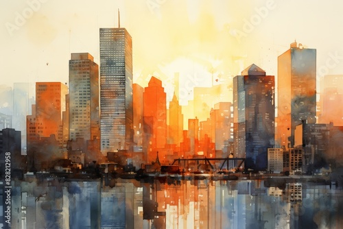 A captivating watercolor painting of a city's skyline at sunset, with reflections on water, showcasing urban beauty and architectural elegance.