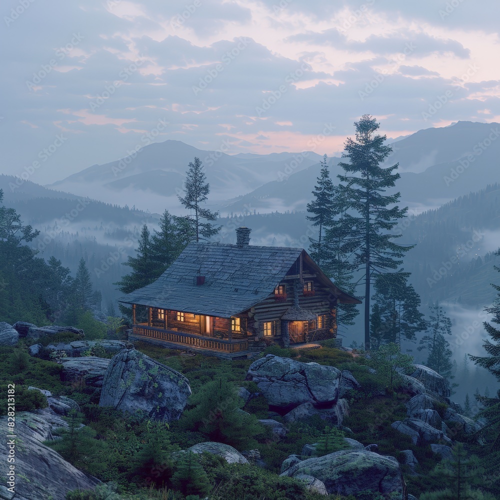 A cozy mountain cabin illuminated at dusk, surrounded by lush forest and majestic peaks, creating a tranquil and picturesque alpine scene. A cozy mountain cabin illuminated at dusk, surrounded by lush forest and majestic peaks, creating a tranquil and picturesque alpine scene.