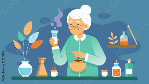 An aromathe creating custom blends for seniors based on their individual needs such as improving memory or easing joint pain.. Vector illustration