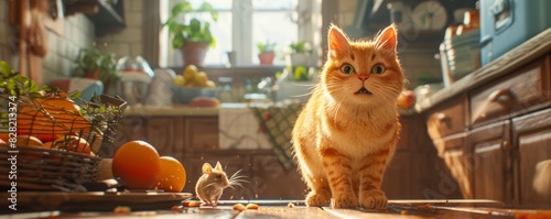 A curious orange cat and a small mouse in a cozy kitchen setting with fruits on the counter and plants in the background.
