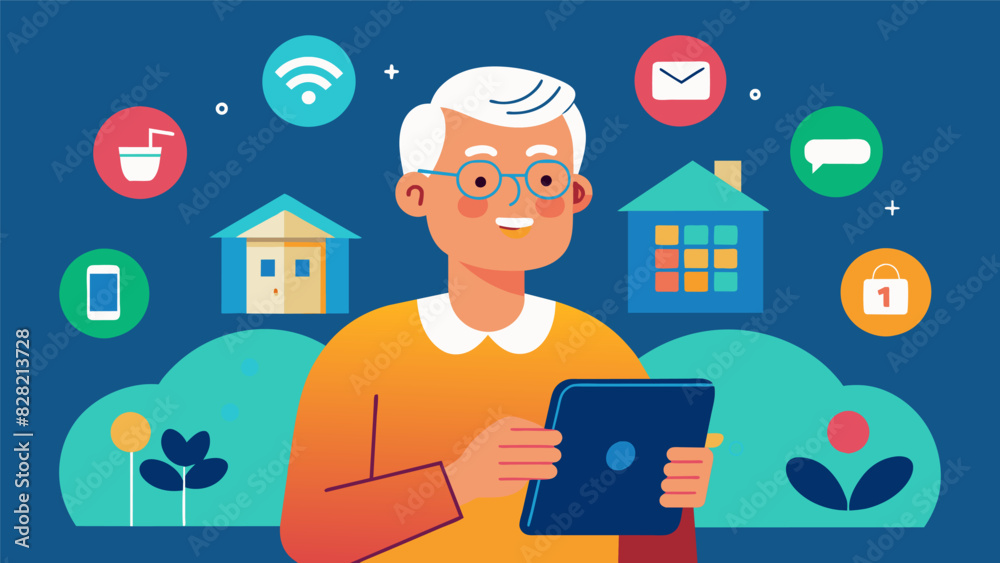 A senior citizen learning how to use an iPad for the first time and discovering all the ways it can integrate with their smart home technology.. Vector illustration A senior citizen learning how to use an iPad for the first time and discovering all the ways it can integrate with their smart home technology.. Vector illustration