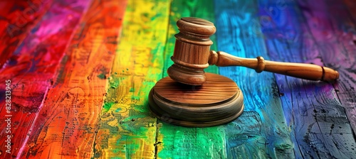 Judge gavel with colorful rainbow floor symbol of LGBT equality movement. Generative AI technology. 
