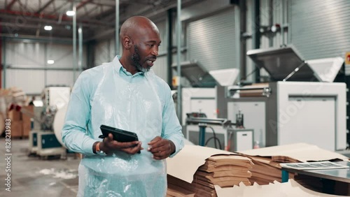 African inspector, tablet or warehouse for logistics, checklist and ecommerce for wholesale supplier. Man, stock and digital app for online business, retail or freight distribution or quality control photo