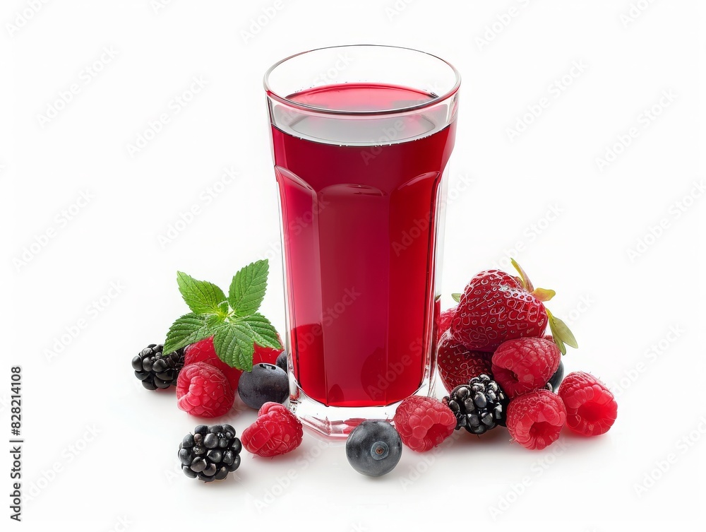 A refreshing beverage with mixed berry juice in a tall glass, accompanied by fresh berries scattered around on an isolated white background A refreshing beverage with mixed berry juice in a tall glass, accompanied by fresh berries scattered around on an isolated white background