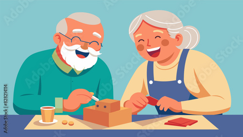 A senior couple laughing while working on a woodcarving project together at a crafting club.. Vector illustration