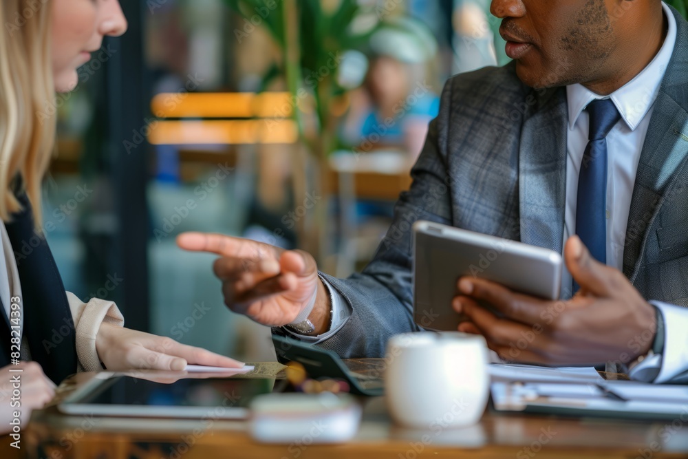 A businessman in a suit with a tablet talking to customers and a meeting with a woman in the morning is a successful business idea. The businesswoman is making a sales pitch. A businessman in a suit with a tablet talking to customers and a meeting with a woman in the morning is a successful business idea. The businesswoman is making a sales pitch.
